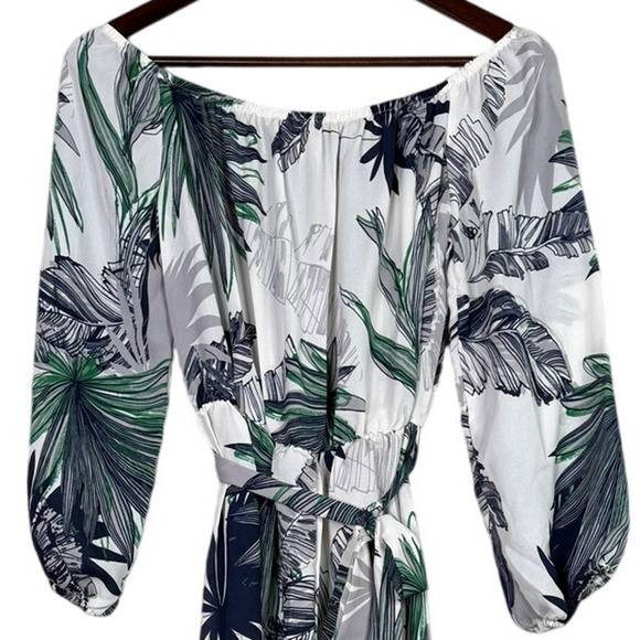 NEW Boho Tropical Palm Print Off Shoulder Maxi Dress 3/4 Sleeve TieWaist S White - Picture 3 of 15